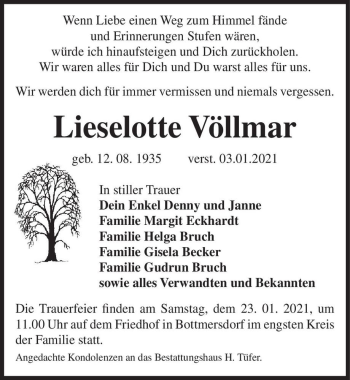 Traueranzeige von Lieselotte Völlmar  von Magdeburger Volksstimme