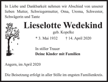 Traueranzeige von Lieselotte Wedekind (geb. Kopelke)  von Magdeburger Volksstimme