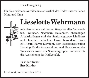 Traueranzeige von Lieselotte Wehrmann  von Magdeburger Volksstimme