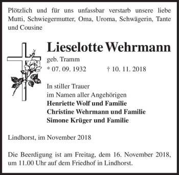Traueranzeige von Lieselotte Wehrmann (geb. Tramm)  von Magdeburger Volksstimme