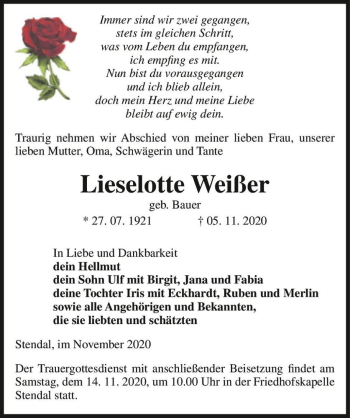 Traueranzeige von Lieselotte Weißer (geb. Bauer)  von Magdeburger Volksstimme
