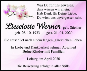 Traueranzeige von Lieselotte Werner (geb. Stiehler)  von Magdeburger Volksstimme