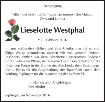 Traueranzeige von Lieselotte Westphal  von Magdeburger Volksstimme