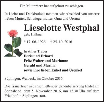 Traueranzeige von Lieselotte Westphal (geb. Hillmer)  von Magdeburger Volksstimme
