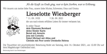 Traueranzeige von Lieselotte Wiesberger  von Magdeburger Volksstimme