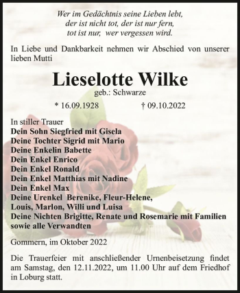 Traueranzeige von Lieselotte Wilke (Geb. Schwarze)  von Magdeburger Volksstimme