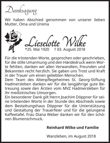 Traueranzeige von Lieselotte Wilke  von Magdeburger Volksstimme