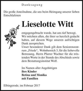 Traueranzeige von Lieselotte Witt  von Magdeburger Volksstimme