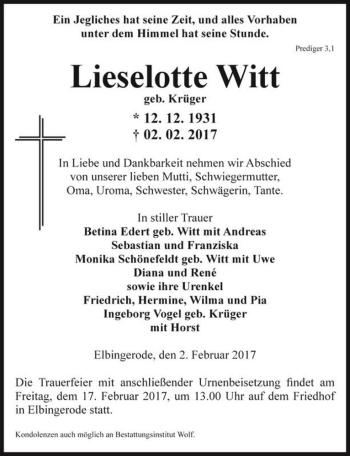 Traueranzeige von Lieselotte Witt (geb. Krüger)  von Magdeburger Volksstimme
