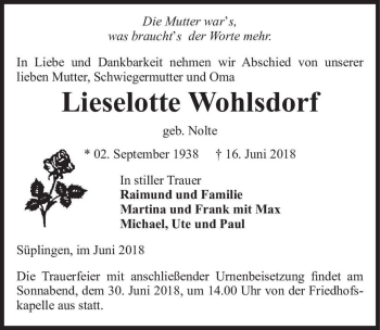 Traueranzeige von Lieselotte Wohlsdorf (geb. Nolte)  von Magdeburger Volksstimme