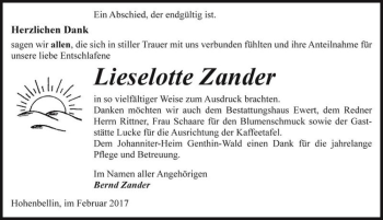Traueranzeige von Lieselotte Zander  von Magdeburger Volksstimme