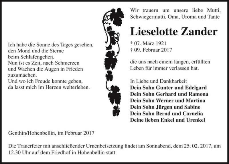  Traueranzeige für Lieselotte Zander  vom 18.02.2017 aus Magdeburger Volksstimme