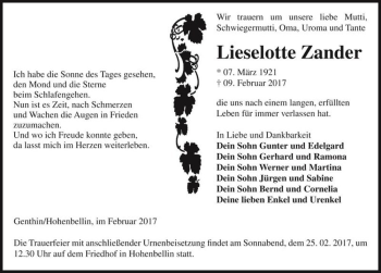 Traueranzeige von Lieselotte Zander  von Magdeburger Volksstimme