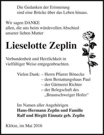 Traueranzeige von Lieselotte Zeplin  von Magdeburger Volksstimme