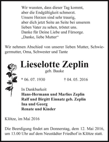 Traueranzeige von Lieselotte Zeplin (geb. Bauke)  von Magdeburger Volksstimme