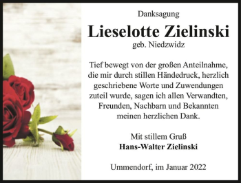Traueranzeige von Lieselotte Zielinski (geb. Niedzwidz)  von Magdeburger Volksstimme