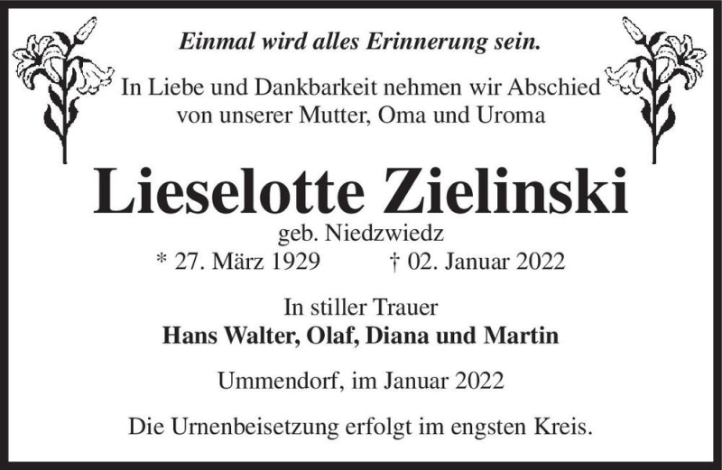 Traueranzeige für Lieselotte Zielinski (geb. Niedzwiedz)  vom 08.01.2022 aus Magdeburger Volksstimme