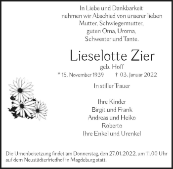 Traueranzeige von Lieselotte Zier (geb. Hof)  von Magdeburger Volksstimme