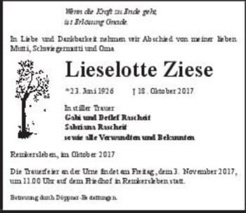 Traueranzeige von Lieselotte Ziese  von Magdeburger Volksstimme