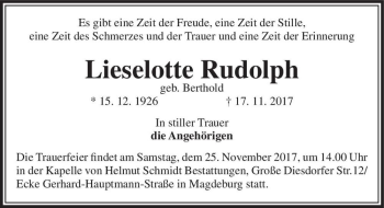 Traueranzeige von Lieslotte Rudolph (geb. Berthold)  von Magdeburger Volksstimme