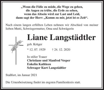 Traueranzeige von Lilane Langstädtler (geb. Krüger)  von Magdeburger Volksstimme