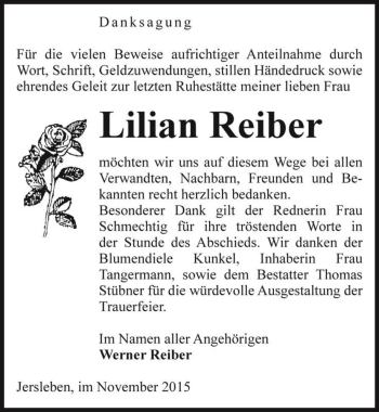 Traueranzeige von Lilian Reiber  von Magdeburger Volksstimme