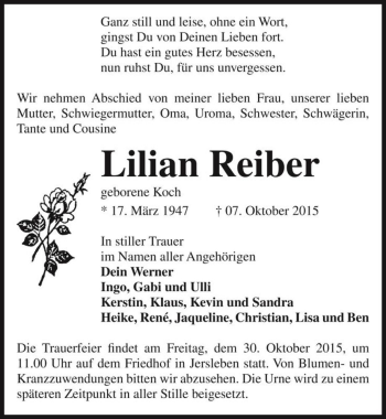 Traueranzeige von Lilian Reiber (geb. Koch)  von Magdeburger Volksstimme