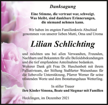 Traueranzeige von Lilian Schlichting  von Magdeburger Volksstimme