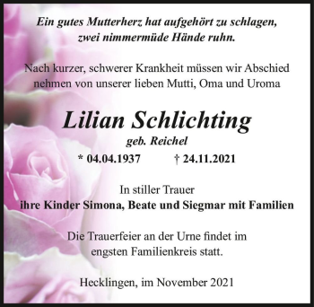 Traueranzeige von Lilian Schlichting (geb. Reichel)  von Magdeburger Volksstimme