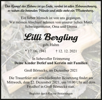 Traueranzeige von Lilli Bergling (geb. Hahm)  von Magdeburger Volksstimme