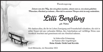 Traueranzeige von Lilli Bergling (geb. Hahm)  von Magdeburger Volksstimme