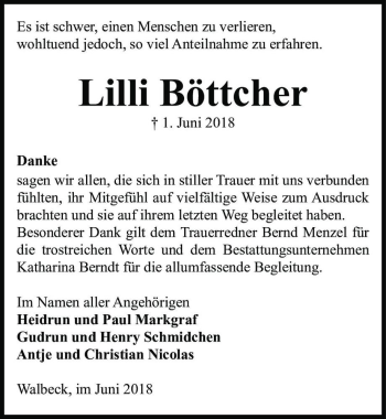 Traueranzeige von Lilli Böttcher  von Magdeburger Volksstimme