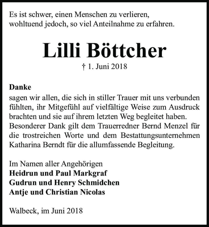 Traueranzeige für Lilli Böttcher  vom 30.06.2018 aus Magdeburger Volksstimme