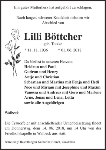Traueranzeige von Lilli Böttcher (geb. Totzke)  von Magdeburger Volksstimme