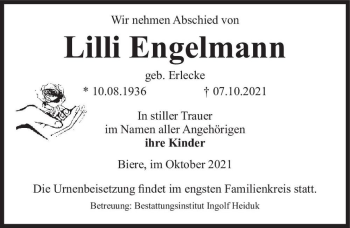 Traueranzeige von Lilli Engelmann (geb. Erlecke)  von Magdeburger Volksstimme