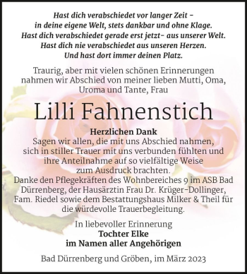Traueranzeige von Lilli Fahnenstich  von Magdeburger Volksstimme