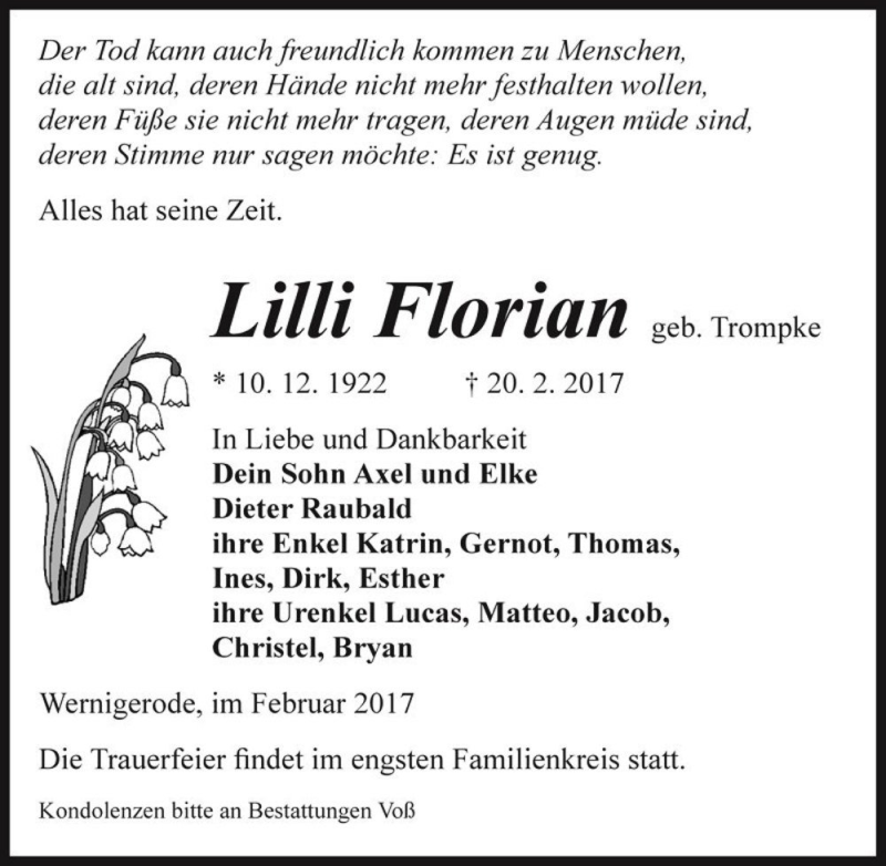  Traueranzeige für Lilli Florian (geb. Trompke)  vom 25.02.2017 aus Magdeburger Volksstimme