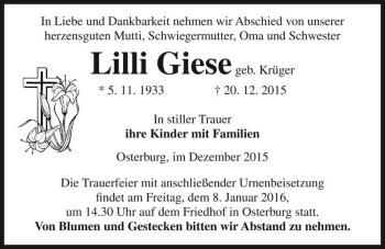 Traueranzeige von Lilli Giese (geb. Krüger)  von Magdeburger Volksstimme