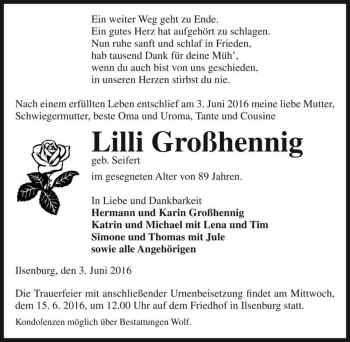 Traueranzeige von Lilli Großhennig (geb. Seifert)  von Magdeburger Volksstimme