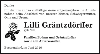 Traueranzeige von Lilli Gräntzdörffer (geb. Till)  von Magdeburger Volksstimme