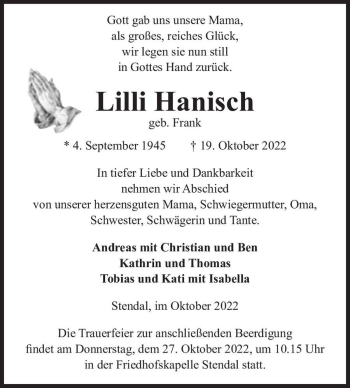Traueranzeige von Lilli Hanisch (geb. Frank)  von Magdeburger Volksstimme
