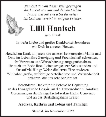 Traueranzeige von Lilli Hanisch (geb. Frank)  von Magdeburger Volksstimme