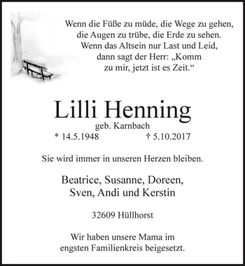 Traueranzeige von Lilli Henning (geb. Karnbach)  von Magdeburger Volksstimme