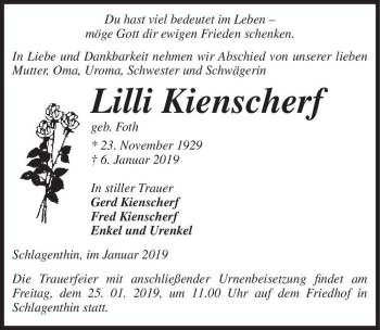 Traueranzeige von Lilli Kienscherf  von Magdeburger Volksstimme