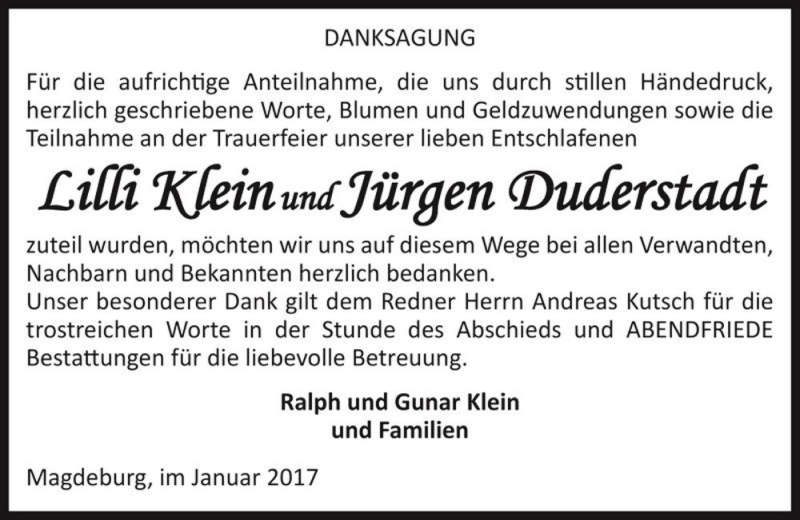  Traueranzeige für Lilli Klein und Jürgen Duderstadt  vom 11.02.2017 aus Magdeburger Volksstimme