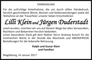 Traueranzeige von Lilli Klein und Jürgen Duderstadt  von Magdeburger Volksstimme