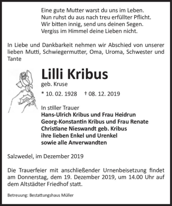 Traueranzeige von Lilli Kribus (geb. Kruse)  von Magdeburger Volksstimme
