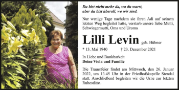 Traueranzeige von Lilli Levin (geb. Hübner)  von Magdeburger Volksstimme