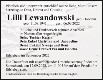 Traueranzeige von Lilli Lewandowski (geb. Hobohm)  von Magdeburger Volksstimme