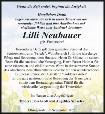 Traueranzeige von Lilli Neubauer (geb. Frederdorf)  von Magdeburger Volksstimme